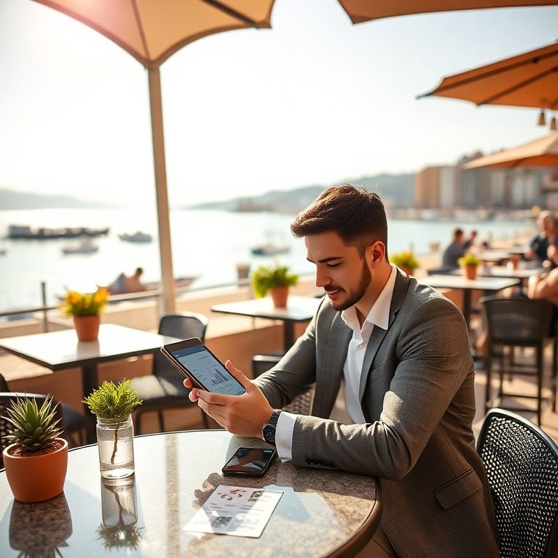 Mladi profesionalac uči investicijske module na tabletu uz jadransku obalu